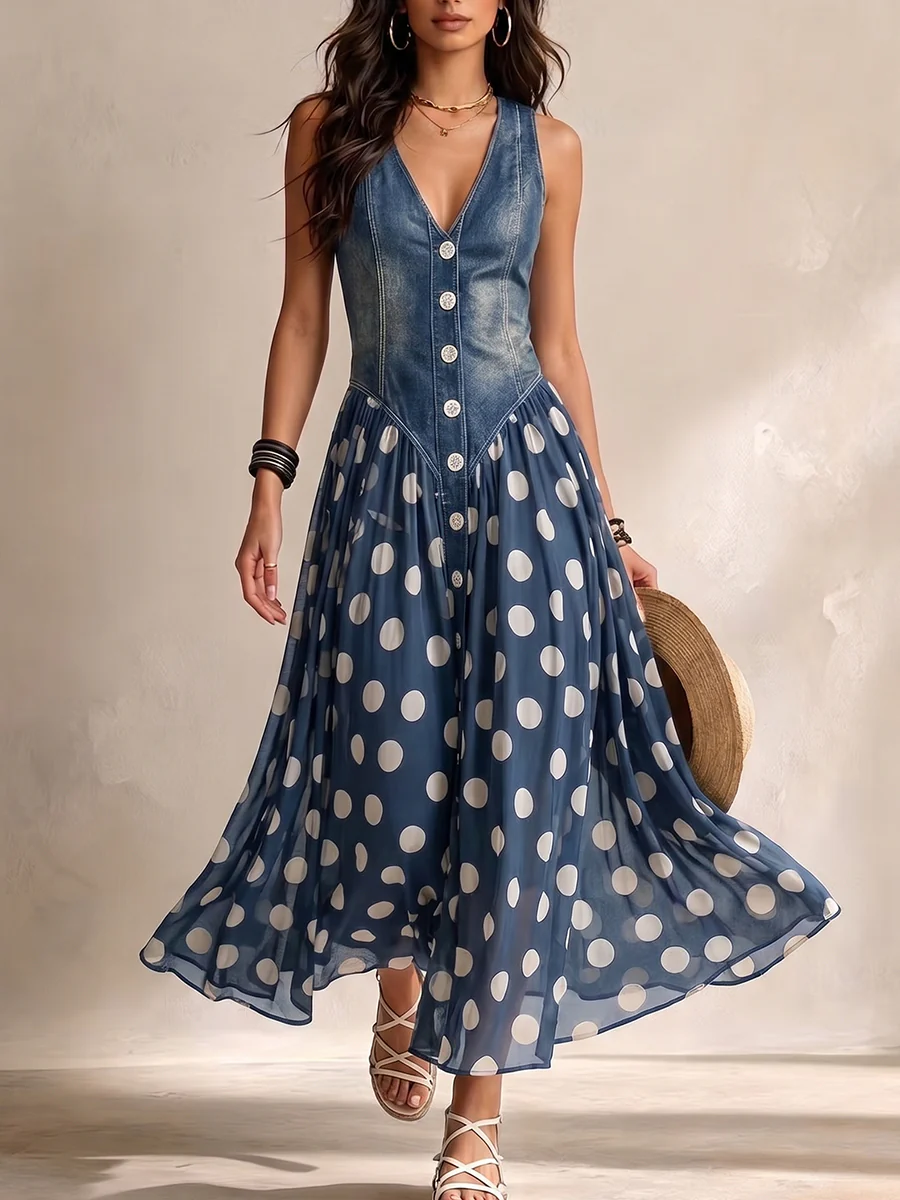 Blue denim sleeveless V-neck dress with button front and polka-dot chiffon skirt
