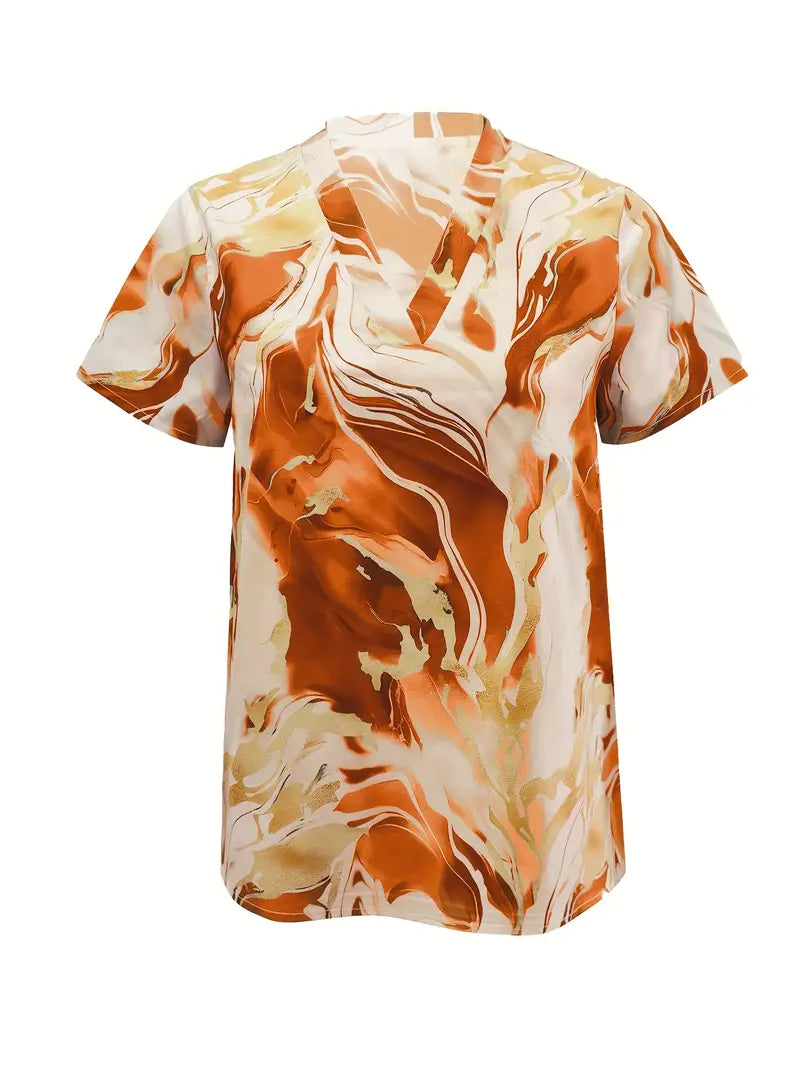 Marble print short-sleeve V-neck shirt in orange and cream with golden swirls