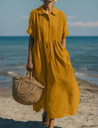 Mustard yellow collared button dress with short sleeves and gathered waist