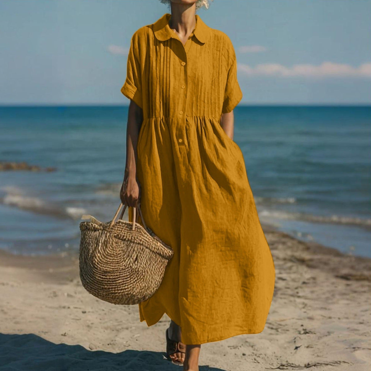 Mustard yellow collared button dress with short sleeves and gathered waist