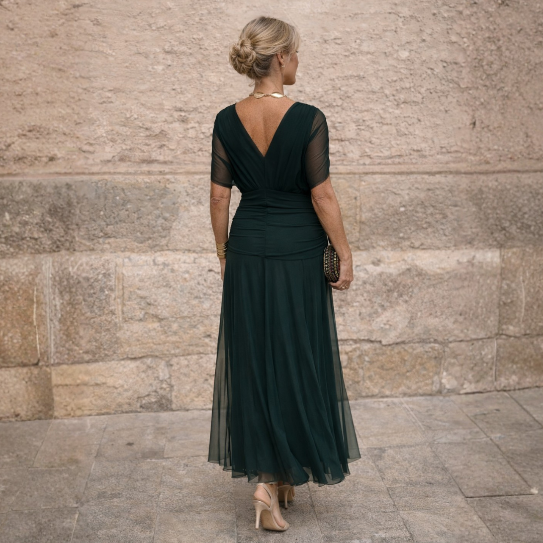 Off-shoulder maxi dress in dark green with sheer short sleeves and draped back