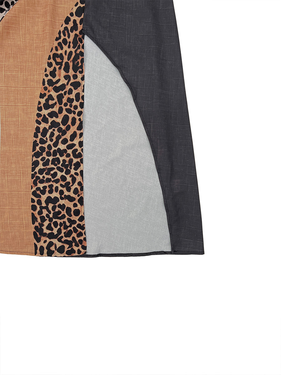 Leopard patchwork fabric detail on maxi dress with dark, tan, and cream panels