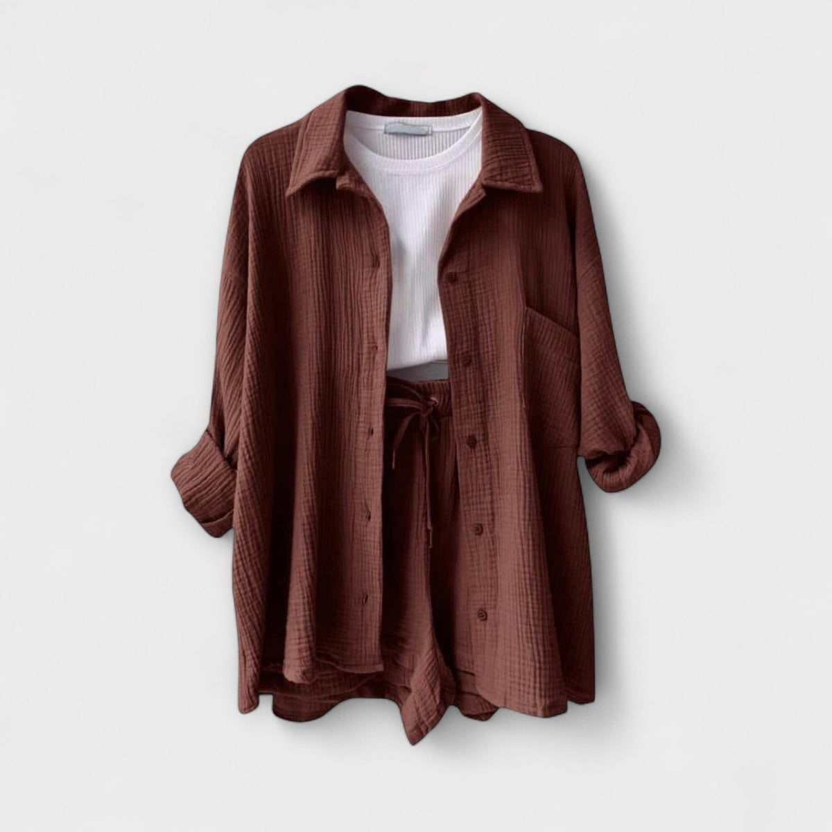 Burgundy-brown button-front top and drawstring shorts two-piece set
