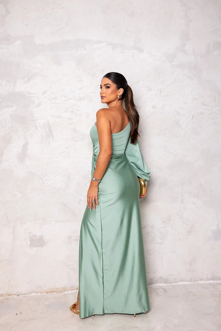 Sage green one-shoulder satin maxi dress with gathered waist and front slit