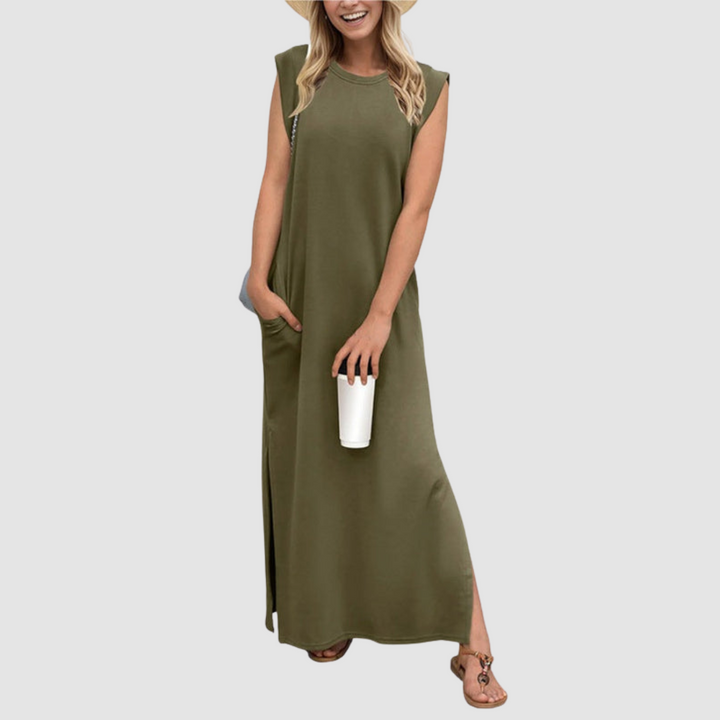 Olive green sleeveless maxi dress with round neckline and side slit