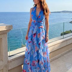 Blue halter-neck ruched bodice floral maxi dress with tiered ruffle skirt