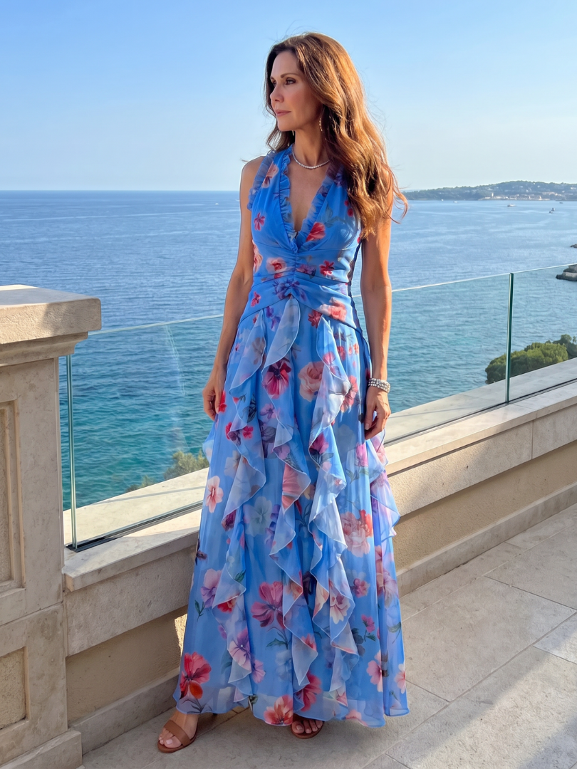 Blue halter-neck ruched bodice floral maxi dress with tiered ruffle skirt
