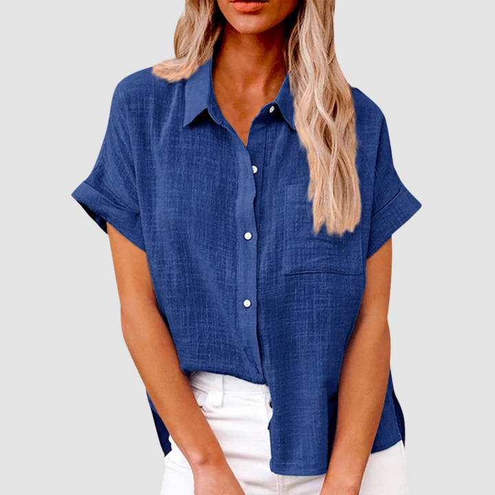 Blue button-up short-sleeve blouse with collar and chest pocket