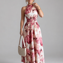 Pink/red abstract print gathered-waist midi dress with sleeveless halter neckline