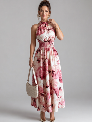 Pink/red abstract print gathered-waist midi dress with sleeveless halter neckline