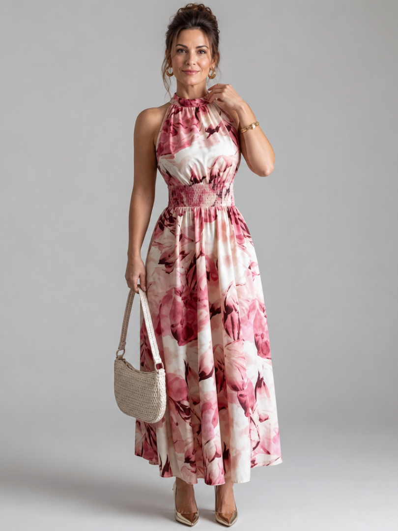 Pink/red abstract print gathered-waist midi dress with sleeveless halter neckline