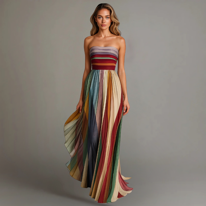 Strapless pleated maxi dress with multicolor vertical stripes and tiered skirt