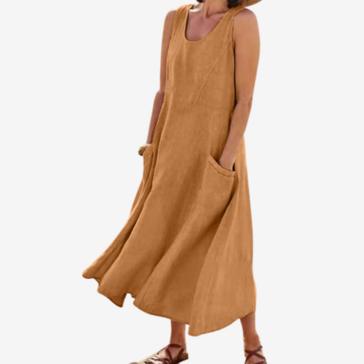 Sleeveless midi casual dress in tan with scoop neck and side pocket