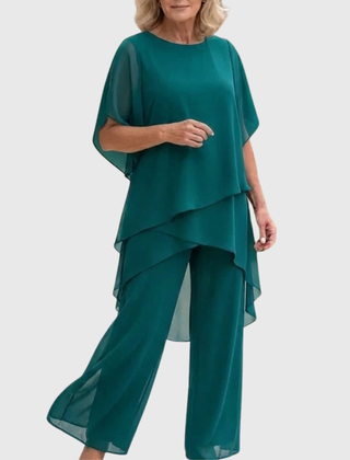Teal palazzo set with layered top and flowing wide-leg pants