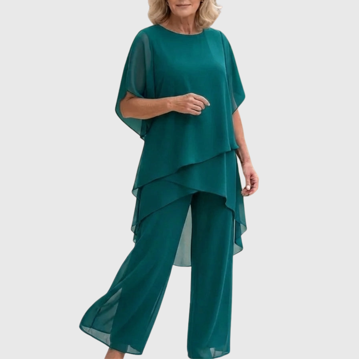 Teal palazzo set with layered top and flowing wide-leg pants
