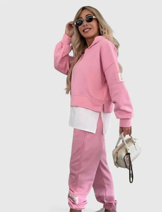 Pink hooded sweatshirt and jogger set with white layered hem