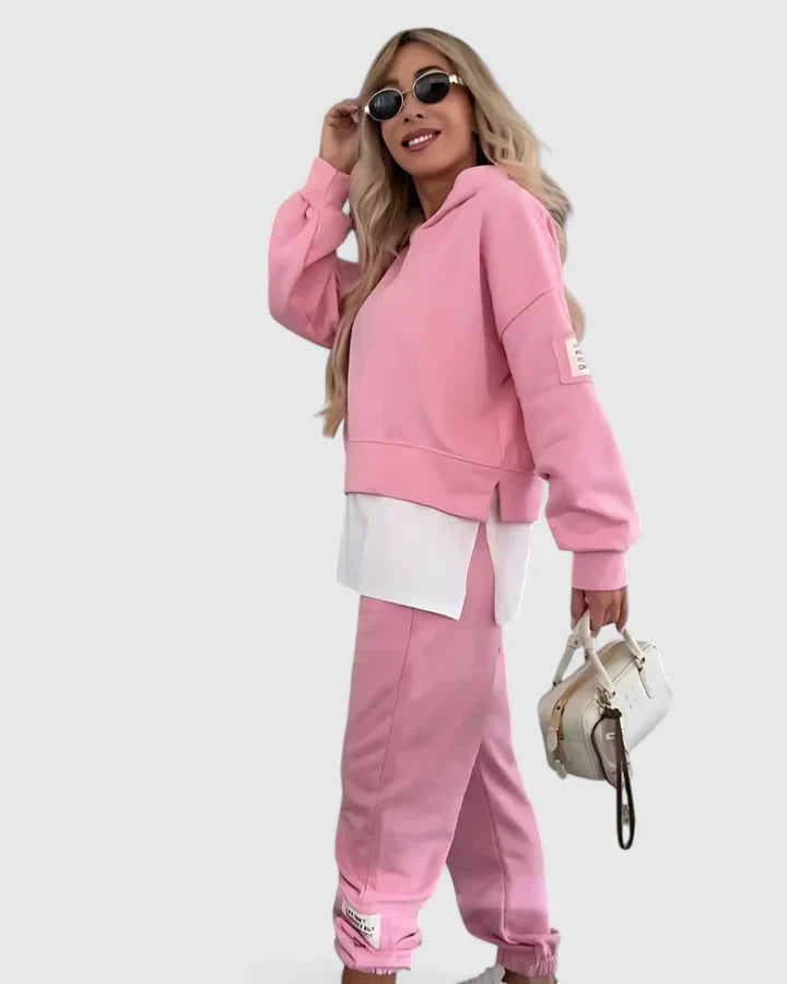 Pink hooded sweatshirt and jogger set with white layered hem