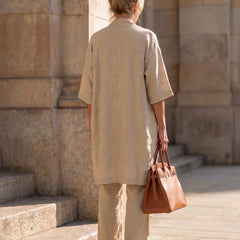 Lorrin™ elegant set in beige: short-sleeve long outer with matching wide-leg pants