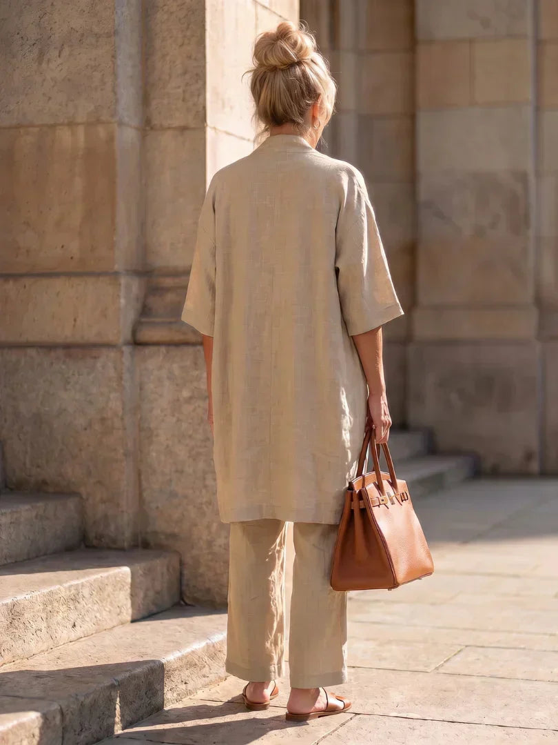 Lorrin™ elegant set in beige: short-sleeve long outer with matching wide-leg pants