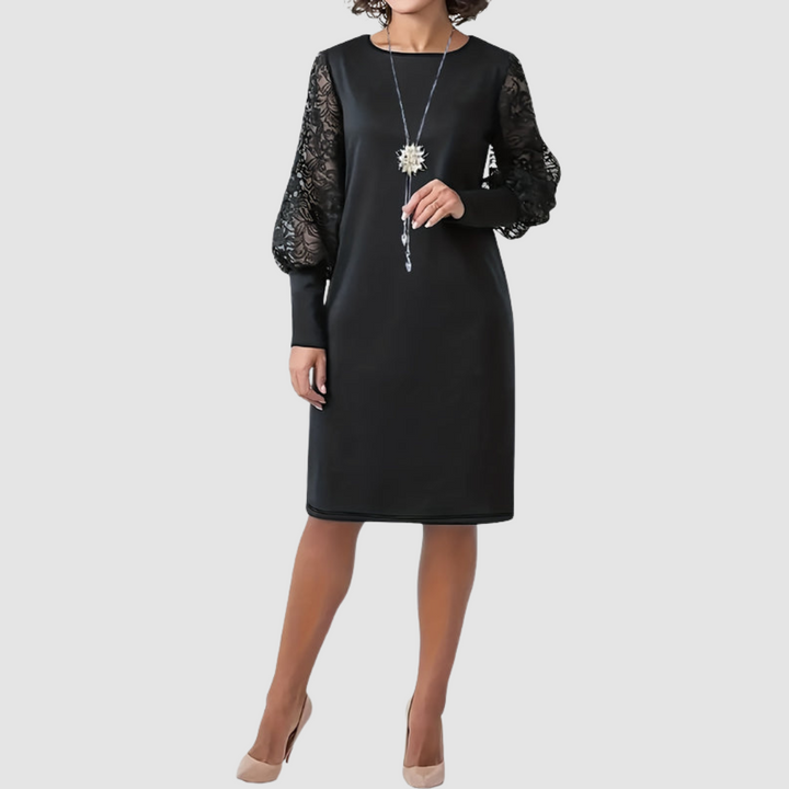 Dolly™ floral lace-trimmed dress, black, long lace puff sleeves, knee-length front view
