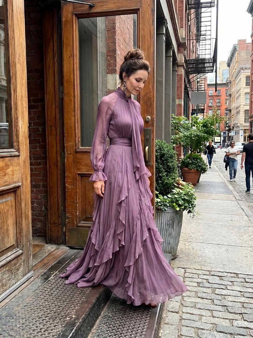 Purple tie-neck tiered maxi dress with cascading ruffle hem and sheer sleeve cuffs