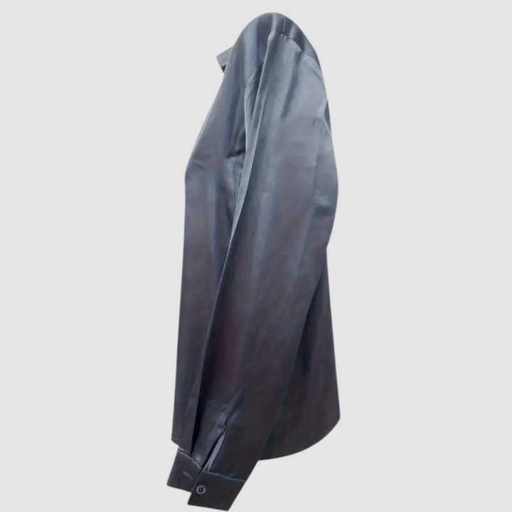 Light gray satin blouse with pointed collar and long cuffed sleeve, side view.