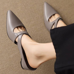 Gray pointed-toe mules with cross strap and low block heel