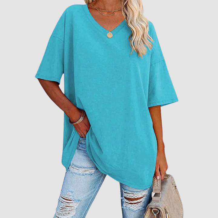 Teal V-neck T-shirt with short sleeves, relaxed fit, draped side hem slit.