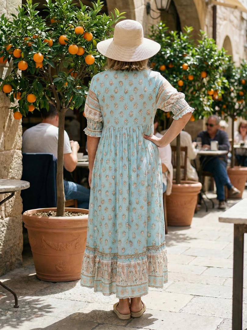 Light blue boho tiered midi dress from the back with floral print