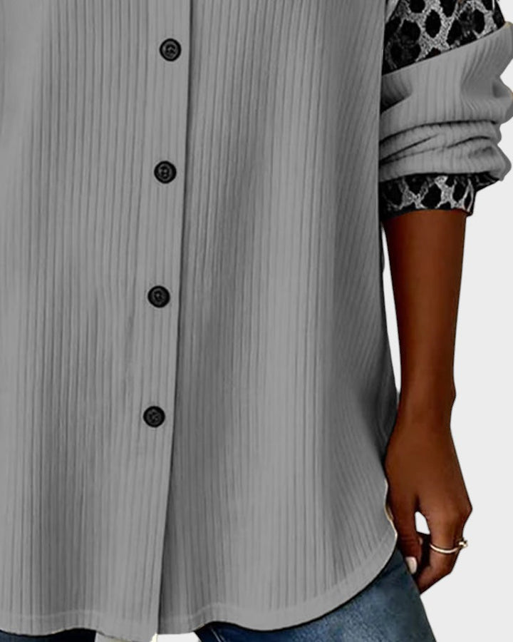 Women's button-down shirt front panel with vertical ribbed texture and dark button placket