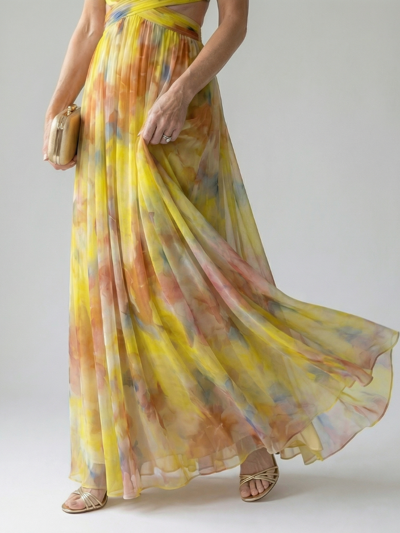 Soft wrap maxi dress with yellow, orange and blue watercolor print, flowing chiffon hem