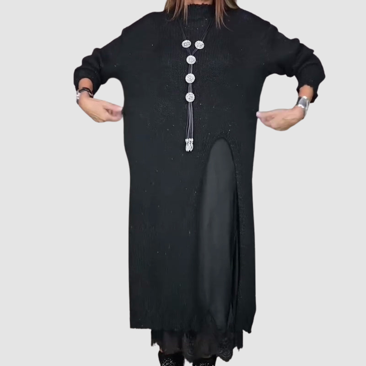 Black knit maxi dress set with long sleeves, high neck, deep side slit, lace hem