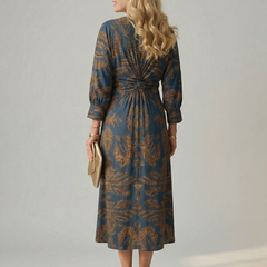 Natural wrap midi dress in dark blue with gold leaf pattern, 3/4 sleeves and waist tie