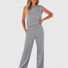 Heather gray sleeveless top and drawstring wide-leg pants set