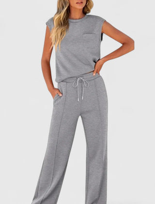 Heather gray sleeveless top and drawstring wide-leg pants set