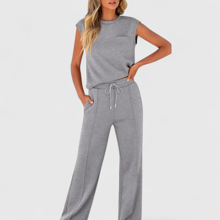 Heather gray sleeveless top and drawstring wide-leg pants set