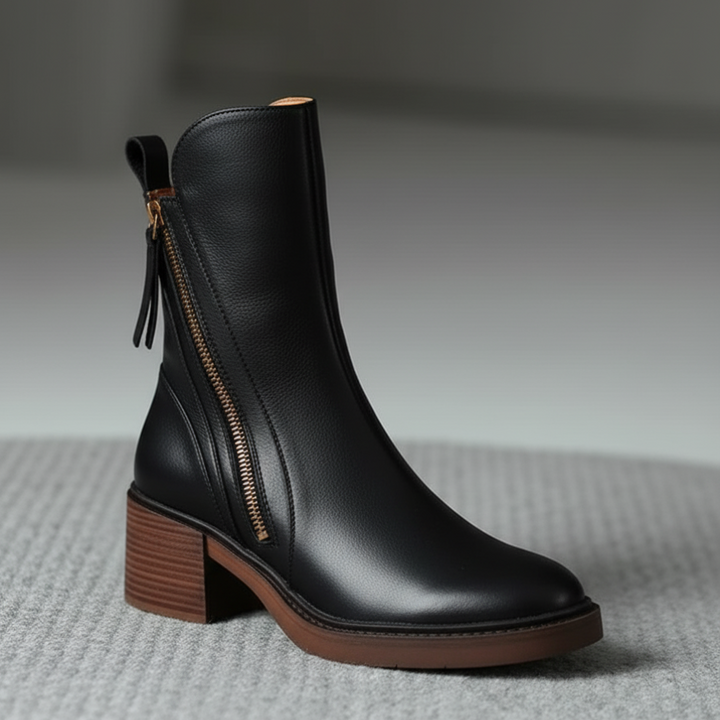 Black leather ankle boots with side zipper and tassel pull, medium block heel.