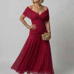 Red off-shoulder flow midi dress with twist bodice and gathered waist skirt