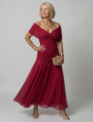Red off-shoulder flow midi dress with twist bodice and gathered waist skirt