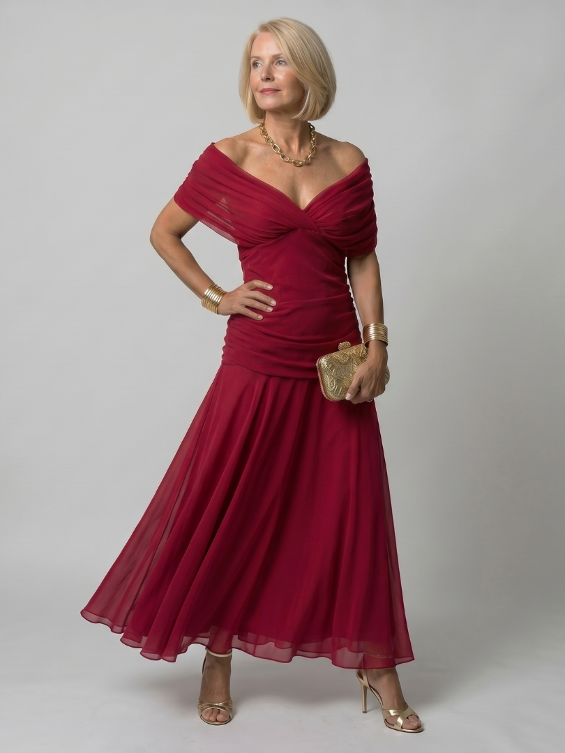 Red off-shoulder flow midi dress with twist bodice and gathered waist skirt