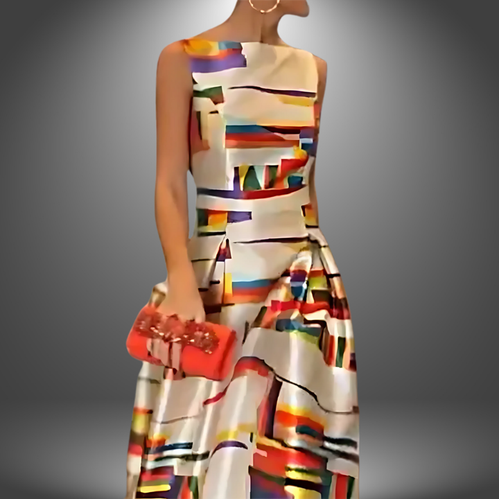 Abstract print sleeveless long dress with square neckline and flared skirt