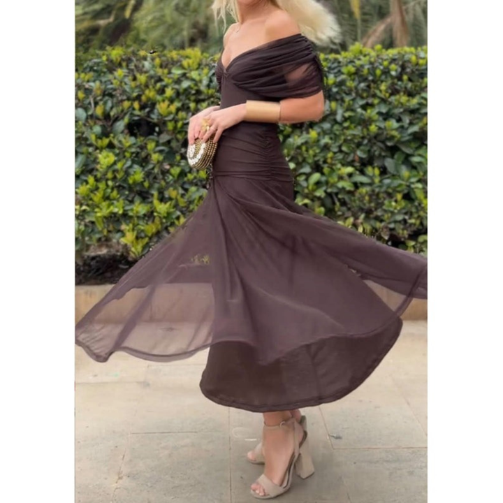 Brown mesh flower midi dress with off-shoulder bandeau and full gathered skirt