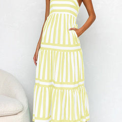 Yellow and white striped maxi dress with tiered ruffle layers, spaghetti straps