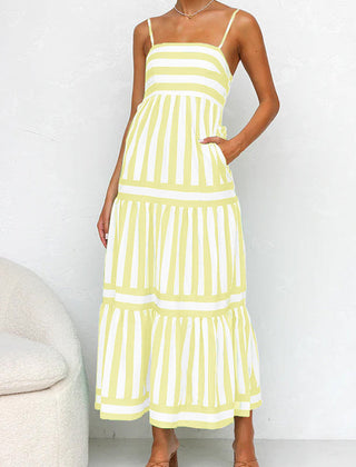 Yellow and white striped maxi dress with tiered ruffle layers, spaghetti straps