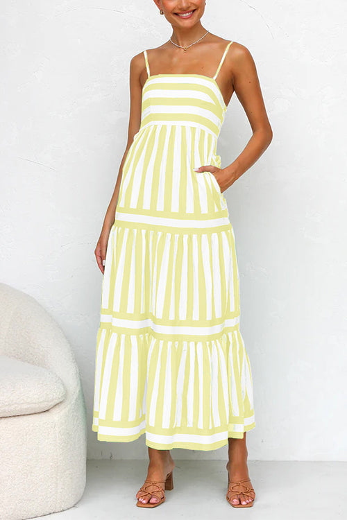 Yellow and white striped maxi dress with tiered ruffle layers, spaghetti straps