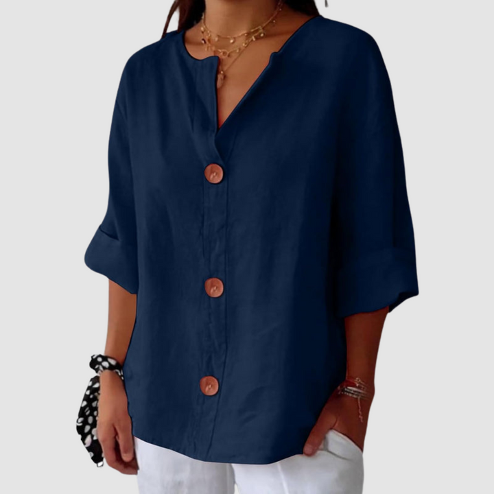 Navy linen blouse with V-neck and button-front placket, short sleeves