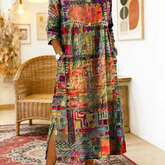 Warm red and green multicolor patchwork ethnic dress with 3/4 sleeves and round neckline