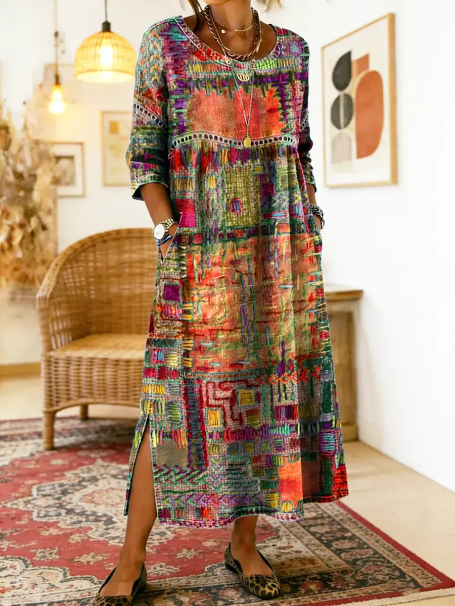 Warm red and green multicolor patchwork ethnic dress with 3/4 sleeves and round neckline