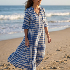 Sky blue diamond print tiered midi dress with V-neck and fluttering half sleeves