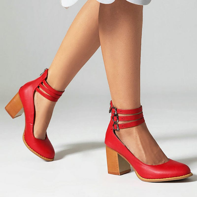 Kallie red triple-strap heeled shoes with buckles and block heel